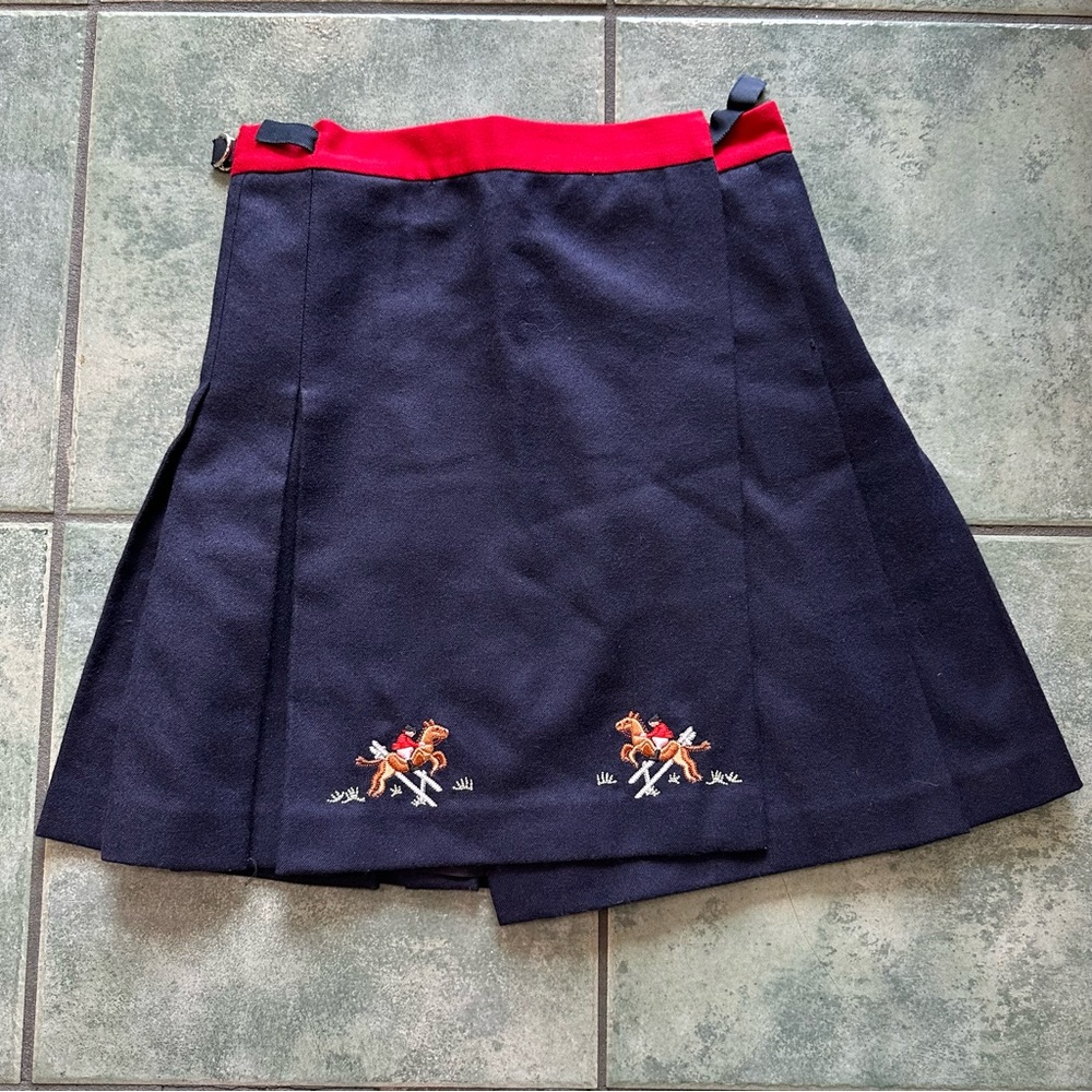 Navy Blue & Red Pleated Wool Blend Mini Skirt Race Horse Equestrian Embroidery